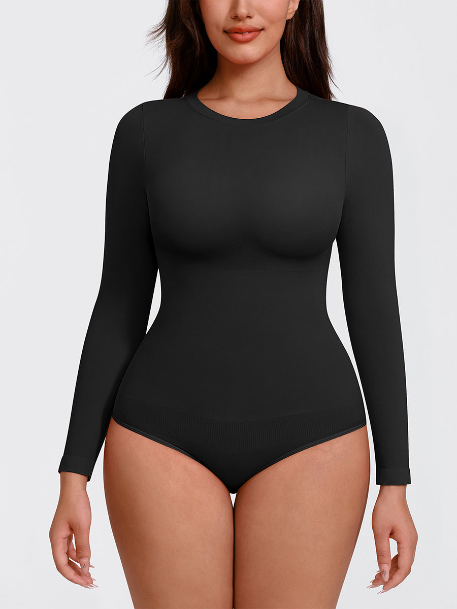 Shop Lily Essentials Classic Long Sleeve Bodysuit, црна боја: бесшевно боди со долги ракави и округла јака – поглед од напред