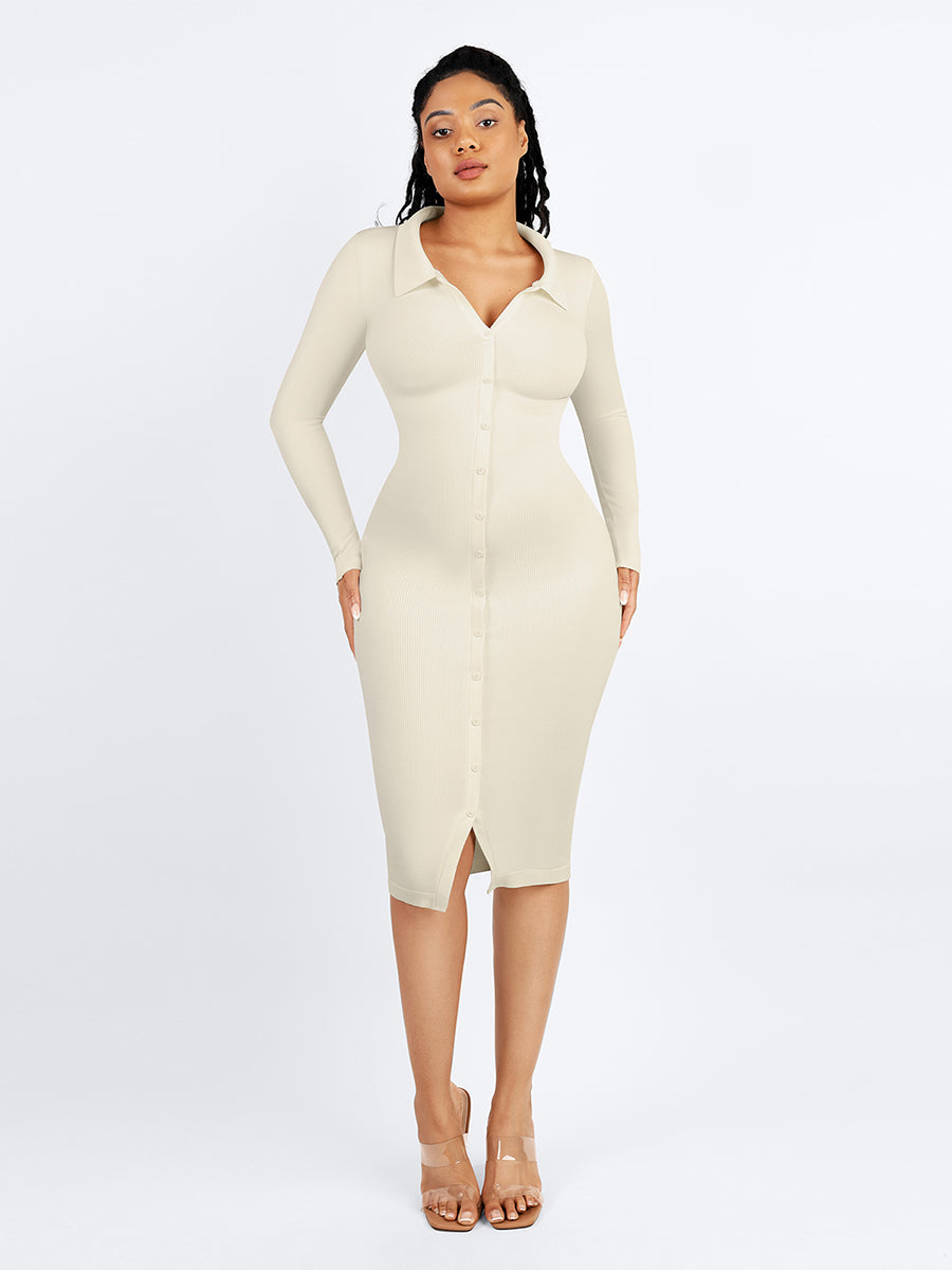 Long Sleeve Ribbed Button Dress, бела боја – цела фигура, поглед од напред (друг агол)