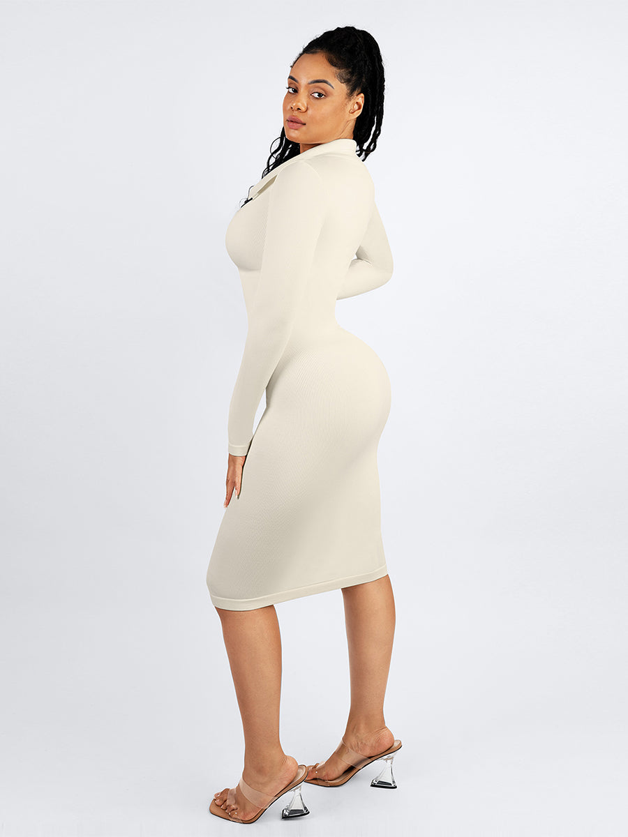 Long Sleeve Ribbed Button Dress, бела боја – цела фигура, поглед под агол