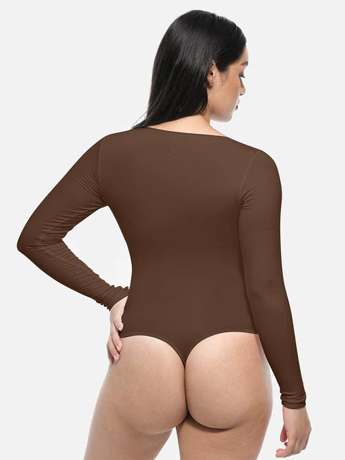 Essential Seamless Long Sleeve Shaping Bodysuit, кафеава боја – поглед од назад