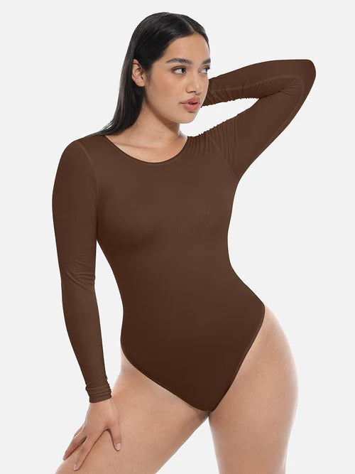 Shop Lily Essential Seamless Long Sleeve Shaping Bodysuit, кафеава боја: бесшевно обликувачко танга боди со долги ракави – поглед од напред