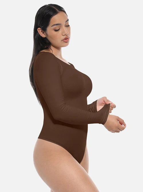 Essential Seamless Long Sleeve Shaping Bodysuit, кафеава боја – страничен поглед