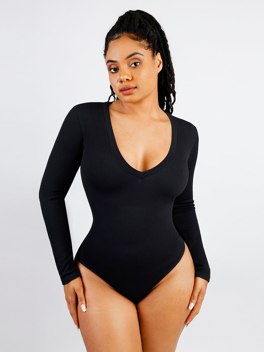 Shop Lily Long Sleeve Ribbed V Neck Bodysuit, црна боја: ребресто боди со долги ракави и V-деколте – поглед од напред