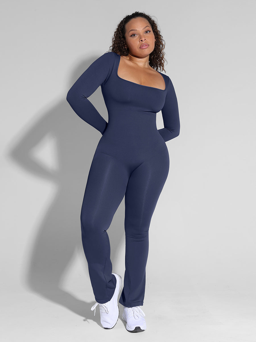 All Day Long Sleeve Flare Jumpsuit, сина боја – цела фигура, поглед од напред (друг агол)