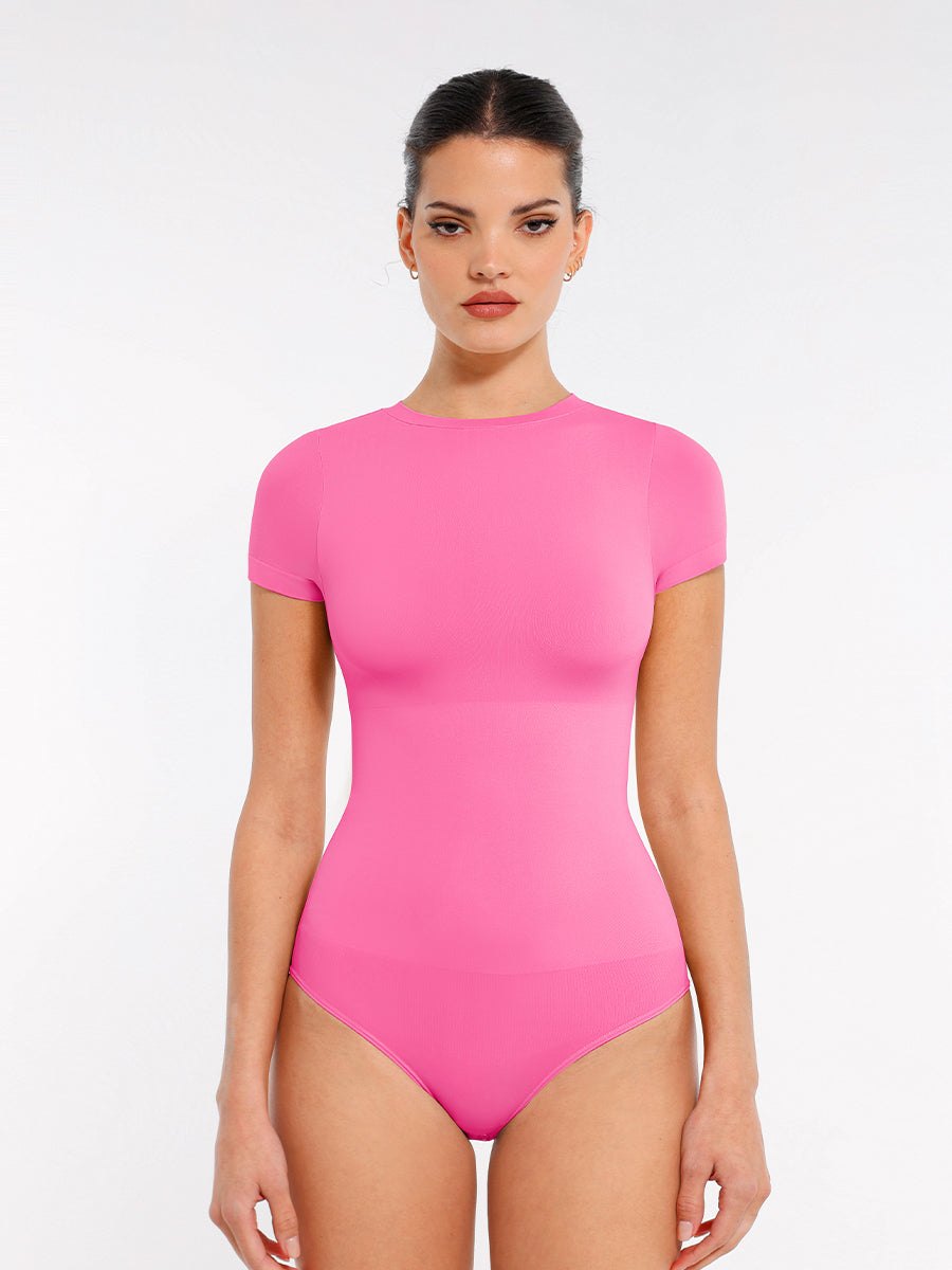 Short Sleeve Crew Neck Bodysuit, розова боја – поглед од напред