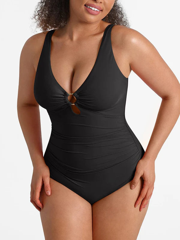 Shop Lily Soleil Sculpt Swimsuit, црна боја: набран едноделен костим за капење со V-деколте – поглед од напред